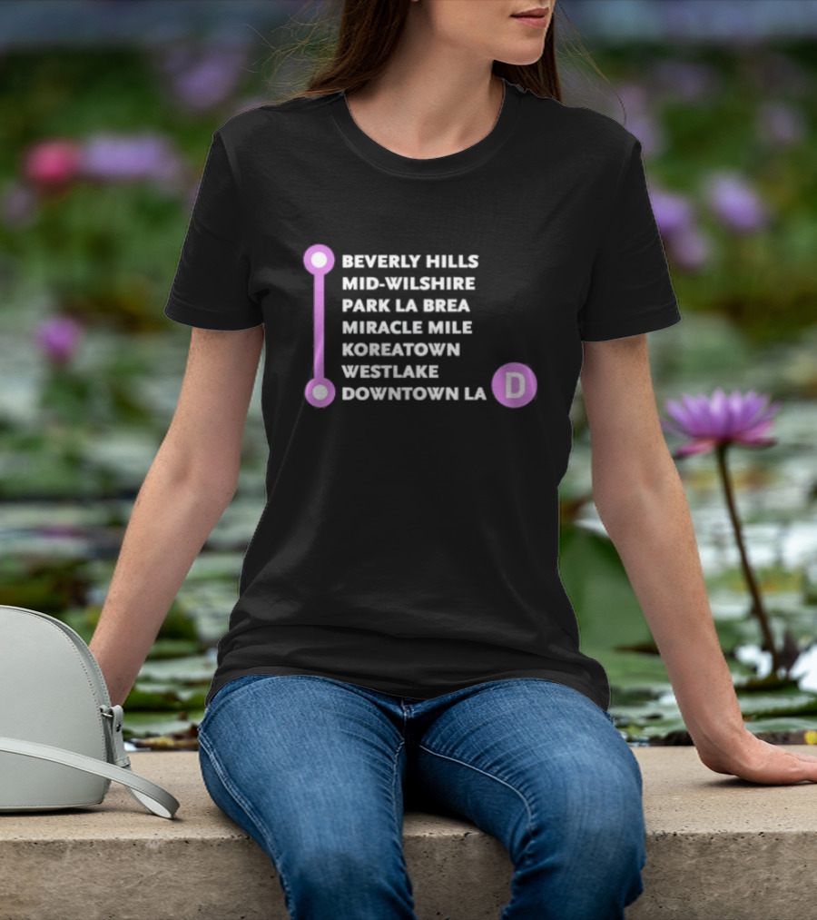 Beverly Hills Mid Wilshire Park La Brea Miracle Mile Koreatown Westlake Downtown LA D Map Purple Circle Route T-Shirt