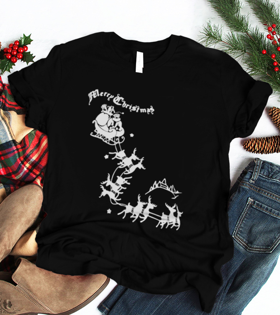 Merry Christmas Santa Sleigh Reindeer In Night Sky With Mountains Isla Gordon T-Shirt