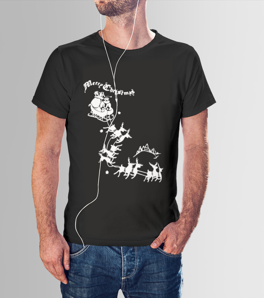 Merry Christmas Santa Sleigh Reindeer In Night Sky With Mountains Isla Gordon T-Shirt