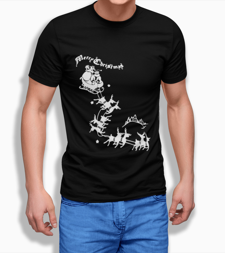 Merry Christmas Santa Sleigh Reindeer In Night Sky With Mountains Isla Gordon T-Shirt