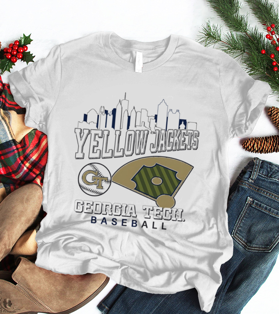 Georgia Tech Yellow Jackets Baseball City Skyline With GT Emblem And Field T-Shirt