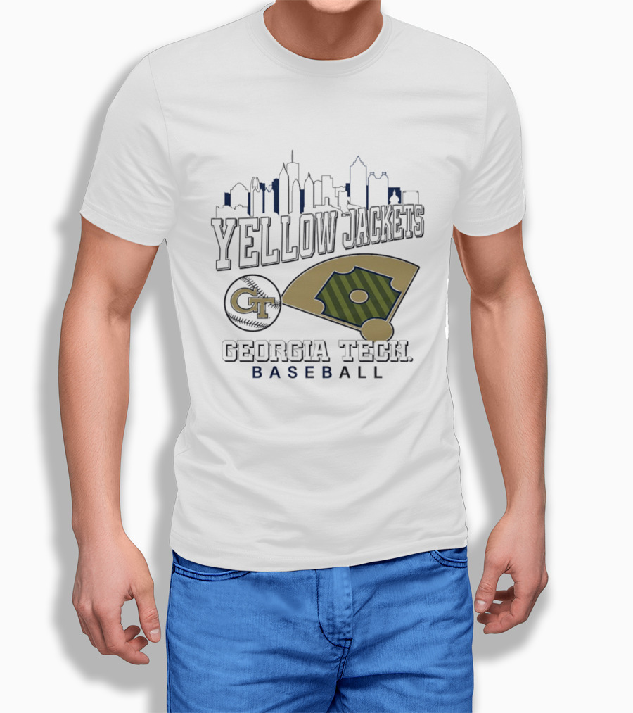 Georgia Tech Yellow Jackets Baseball City Skyline With GT Emblem And Field T-Shirt