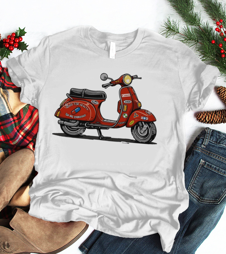 Kaneda's Vespa With Good For Health Sticker Citizen And Canon Shoei Arai Logos T-Shirt