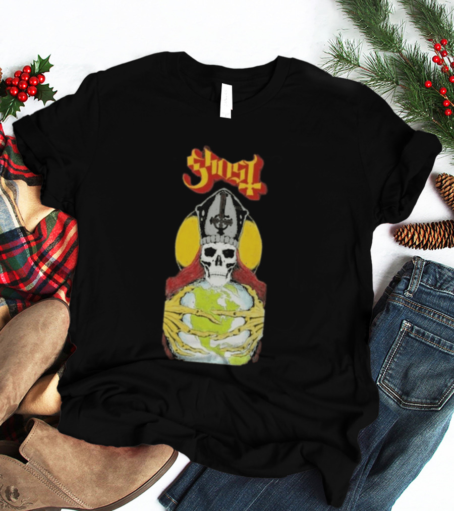 Ghost Skeleton Bishop Holding Earth Iconic Twisted Thread Ceremony T-Shirt