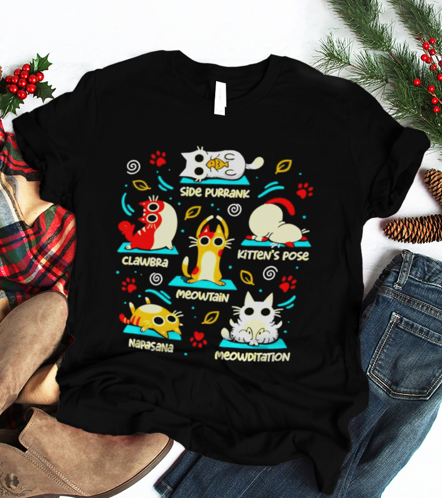 Side Purrank Clawbra Kitten's Pose Meowtain Napasana Meowditation Cat Yoga Poses T-Shirt
