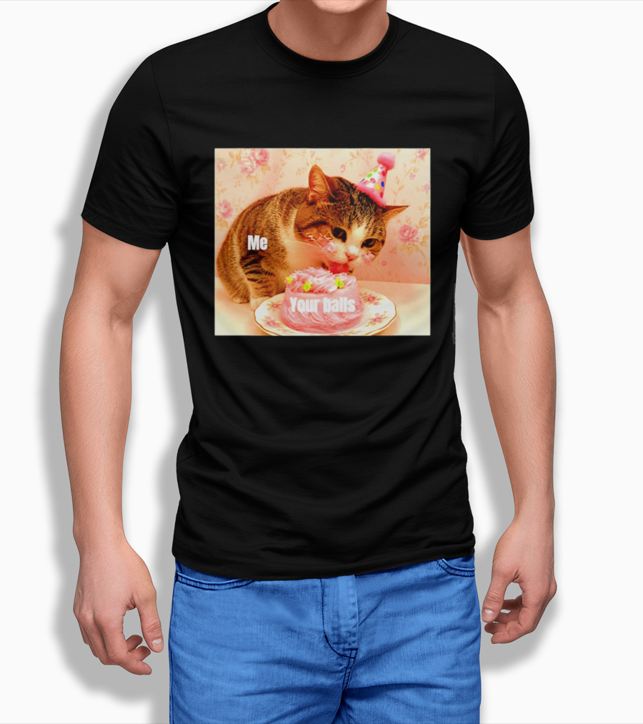Me Your Balls Cat Eating Cake Party Hat T-Shirt