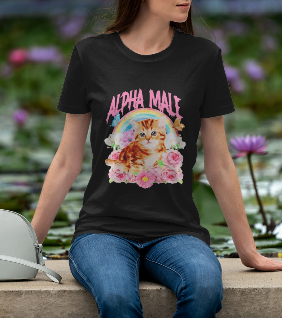 Alpha Male Kitten Rainbow Butterfly Floral Roses T-Shirt