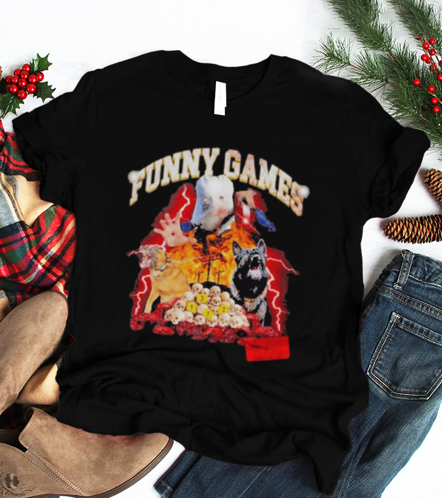 Funny Games Dog Skull Pile Fire Chaos T-Shirt