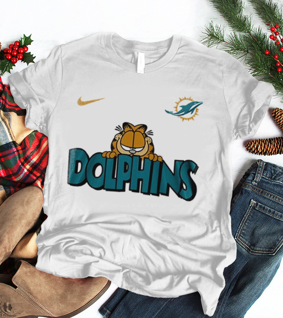Nike Miami Dolphins Garfield Orange Cat çizim T-Shirt