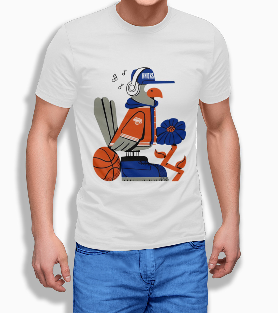 New York Knicks Bird Cap Headphones Basketball Flower T-Shirt