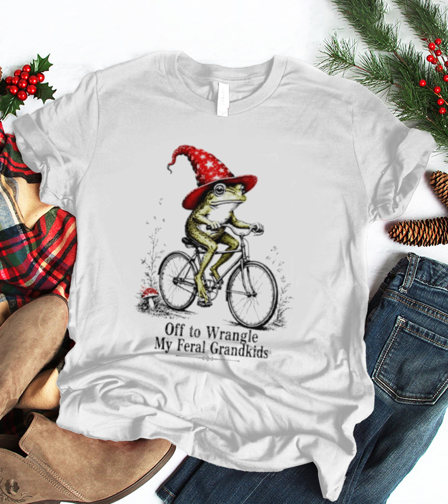 Off To Wrangle My Feral Grandkids Wizard Frog On Bicycle With Red Hat T-Shirt