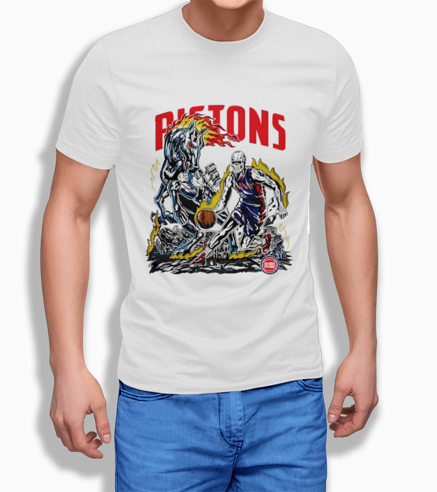 Detroit Pistons Skull Basketball Horse Flames Robot T-Shirt
