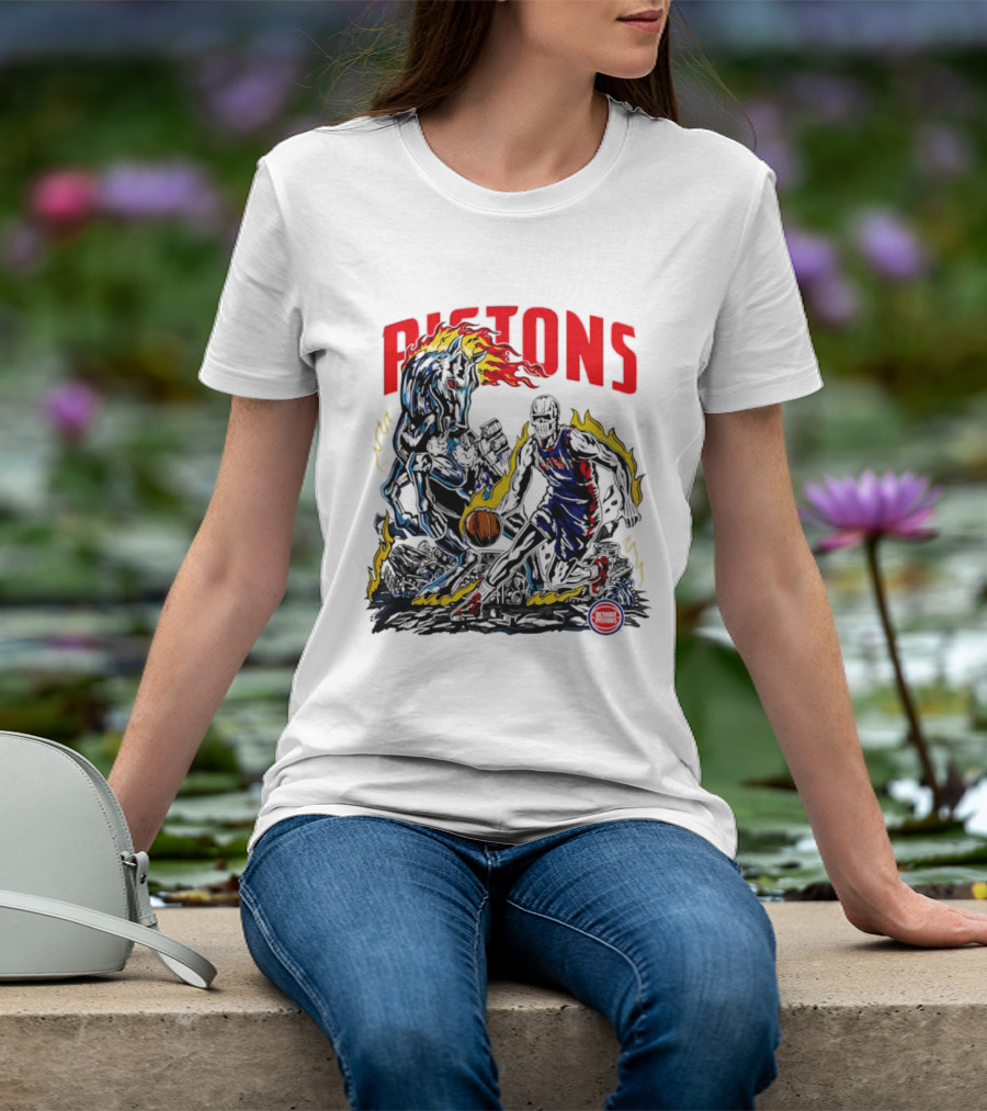 Detroit Pistons Skull Basketball Horse Flames Robot T-Shirt