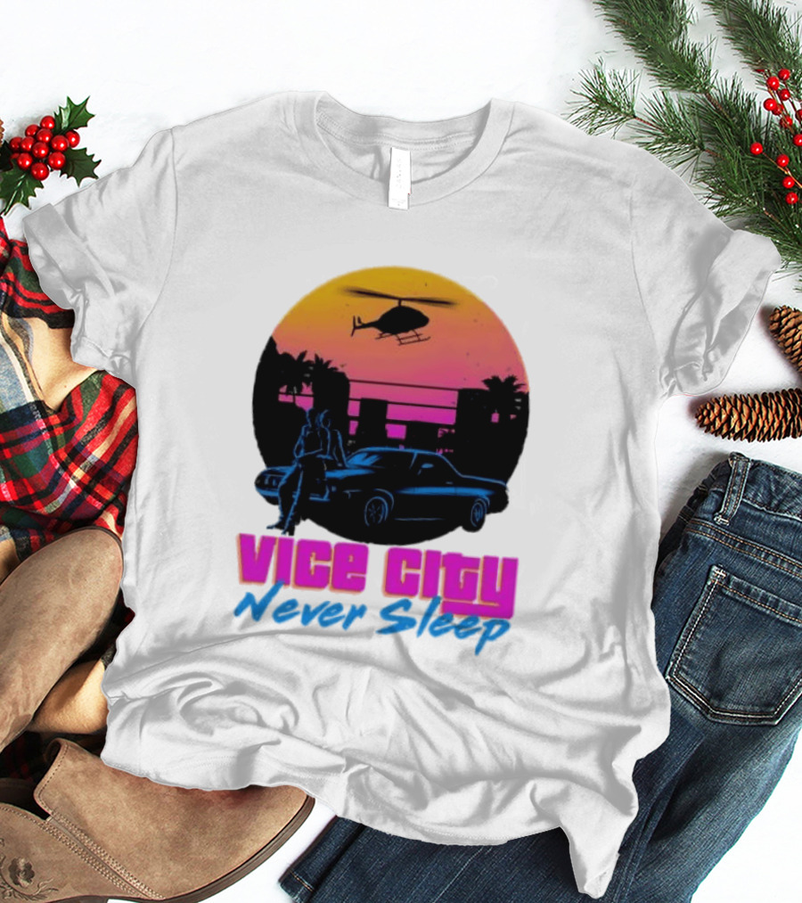 Vice City Never Sleep 80s Sunset Car Helicopter T-Shirt