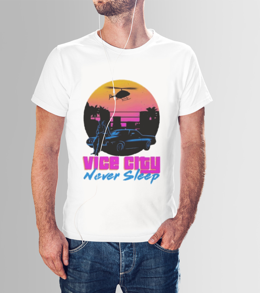 Vice City Never Sleep 80s Sunset Car Helicopter T-Shirt