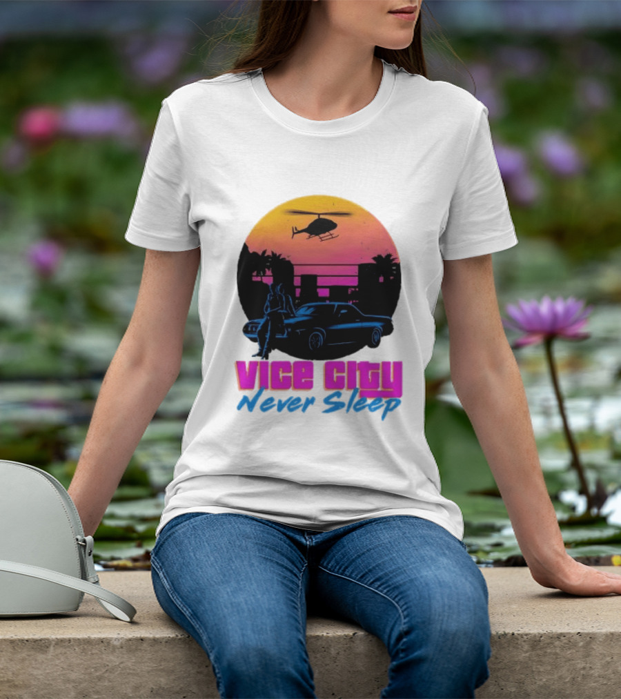 Vice City Never Sleep 80s Sunset Car Helicopter T-Shirt