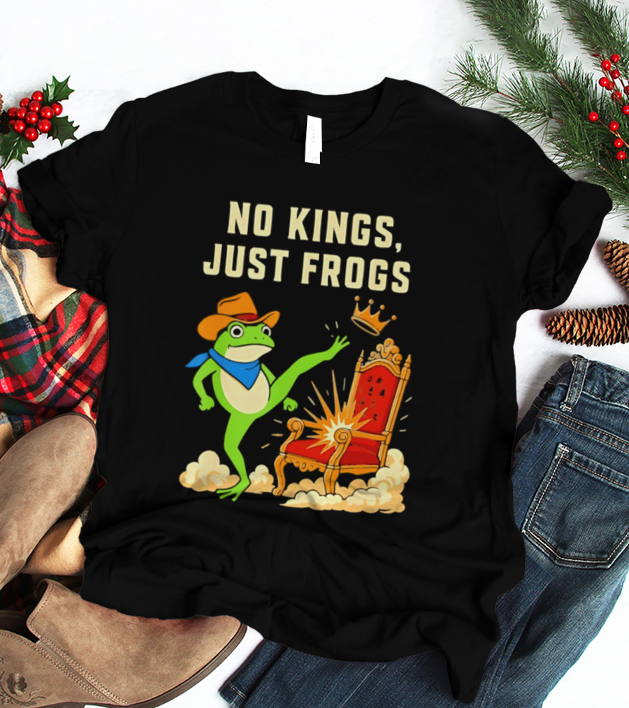 No Kings Just Frogs Portland Cowboy Frog Kicking Crown From Throne T-Shirt
