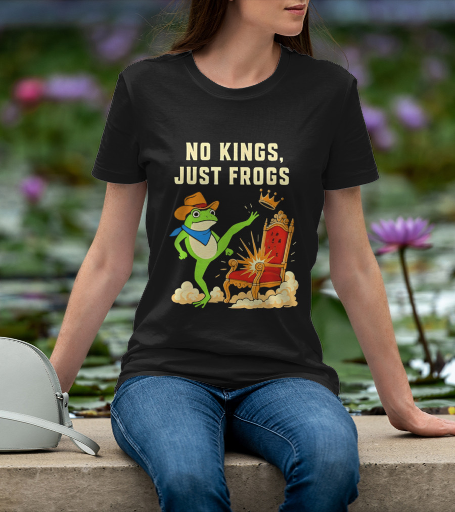 No Kings Just Frogs Portland Cowboy Frog Kicking Crown From Throne T-Shirt
