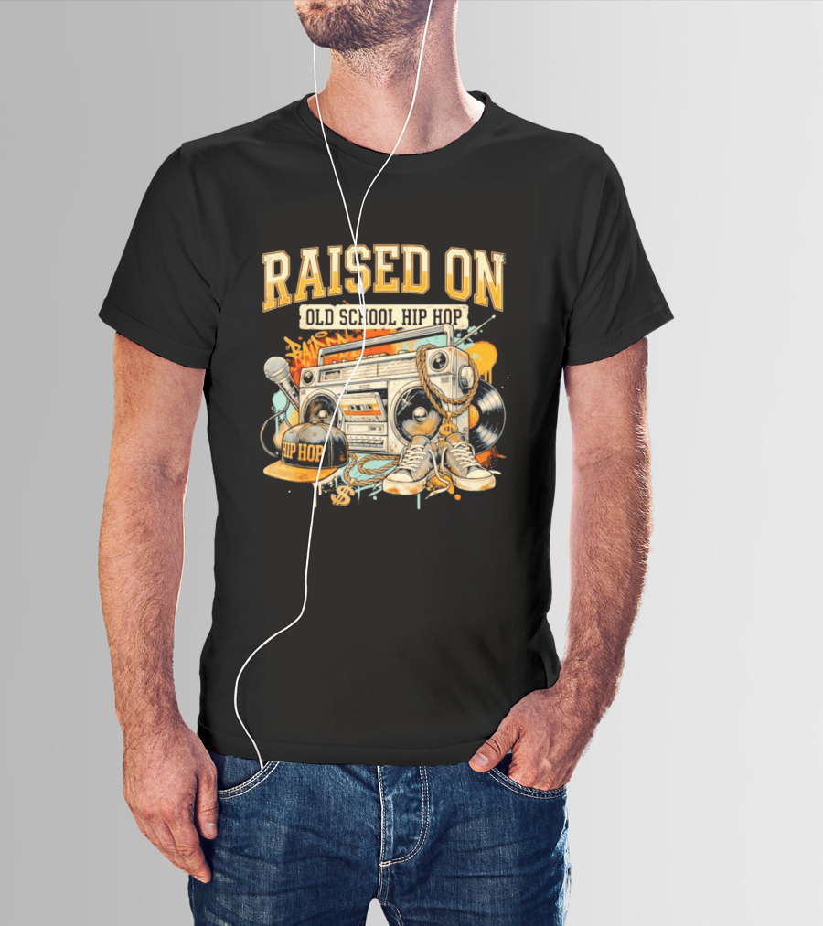 Raised On Old School Hip Hop Boombox Sneakers Microphone Cap Vinyl T-Shirt