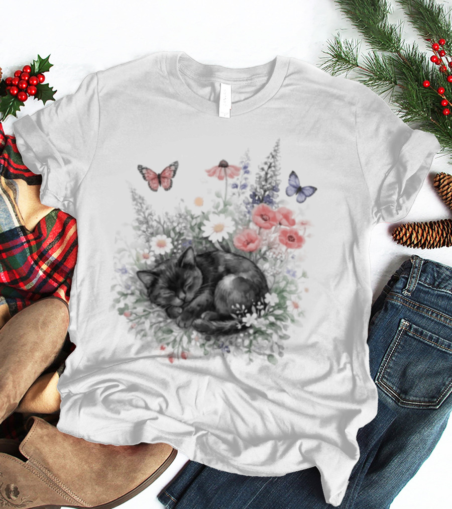 Black Cat Surrounded By Vibrant Flowers And Butterflies T-Shirt