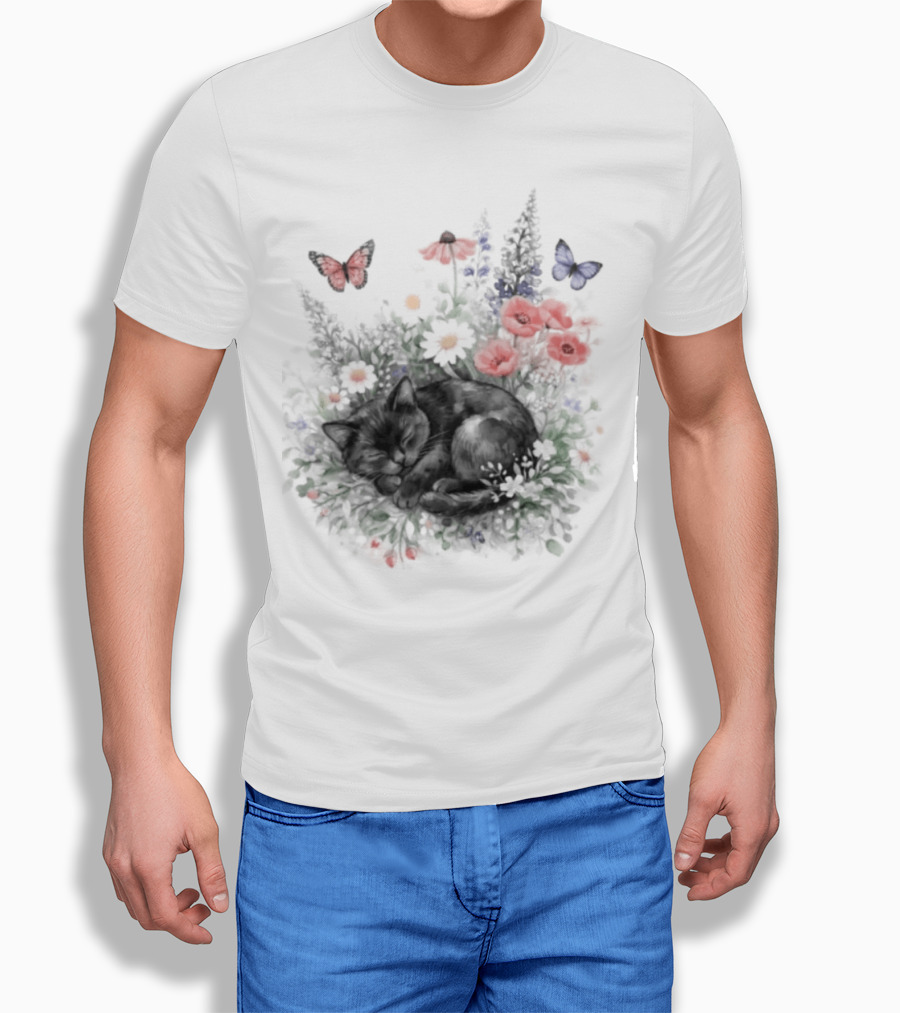 Black Cat Surrounded By Vibrant Flowers And Butterflies T-Shirt