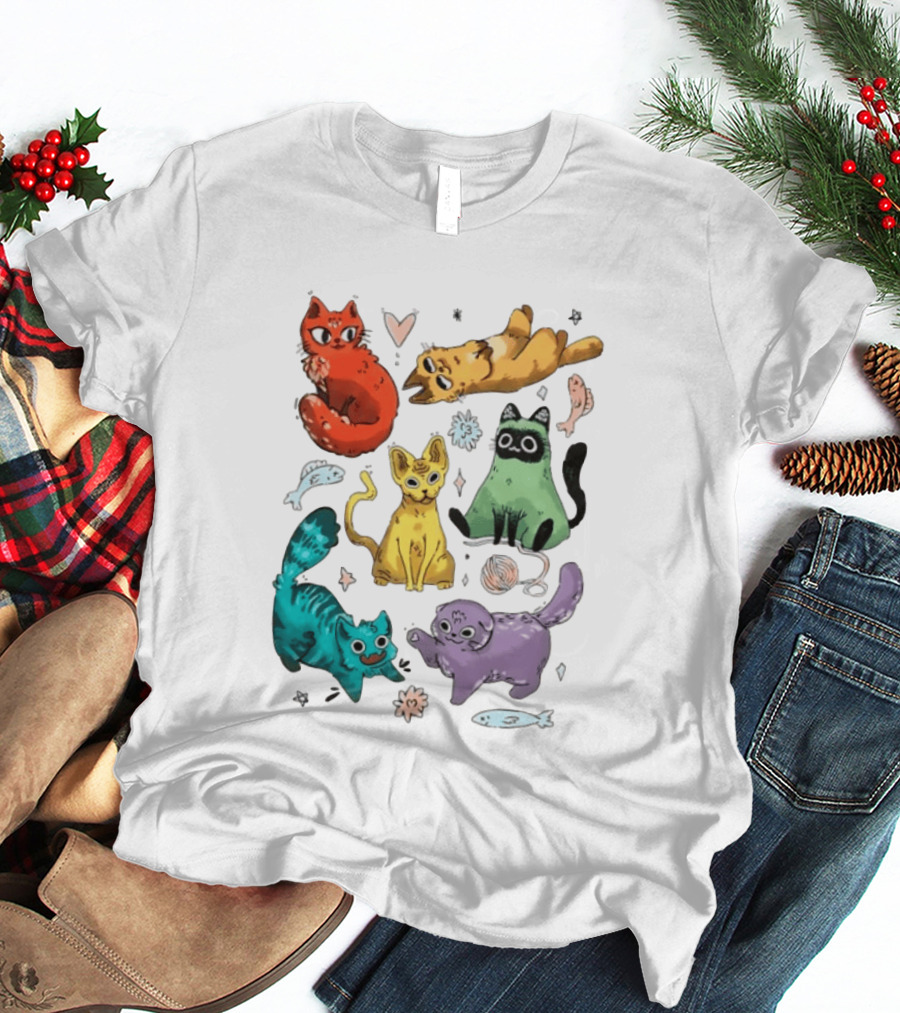 Whimsical Colorful Cats And Rainbow Hearts Collage T-Shirt