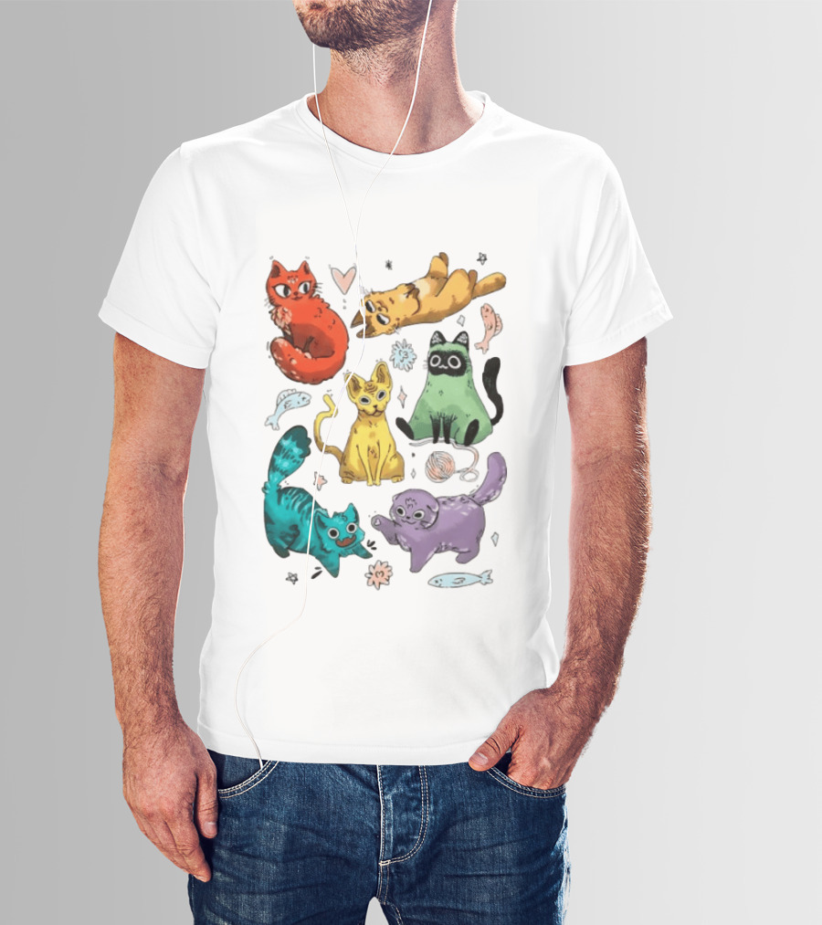 Whimsical Colorful Cats And Rainbow Hearts Collage T-Shirt