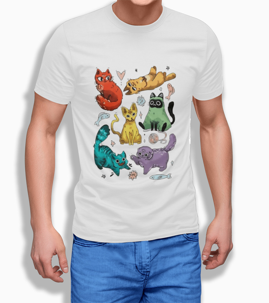 Whimsical Colorful Cats And Rainbow Hearts Collage T-Shirt