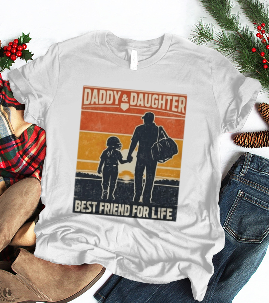 Daddy & Daughter Best Friend For Life Baseball Softball Silhouette Retro Sunset T-Shirt