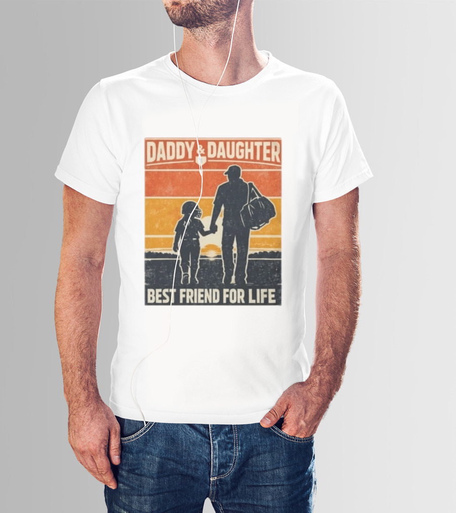 Daddy & Daughter Best Friend For Life Baseball Softball Silhouette Retro Sunset T-Shirt