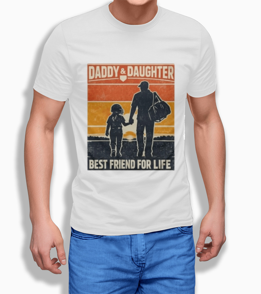 Daddy & Daughter Best Friend For Life Baseball Softball Silhouette Retro Sunset T-Shirt