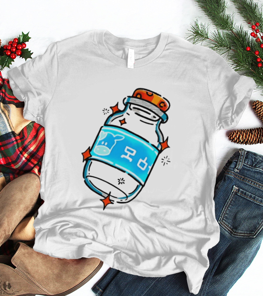 Fresh Milk Bottle With Blue Cow Label And Orange Cap T-Shirt
