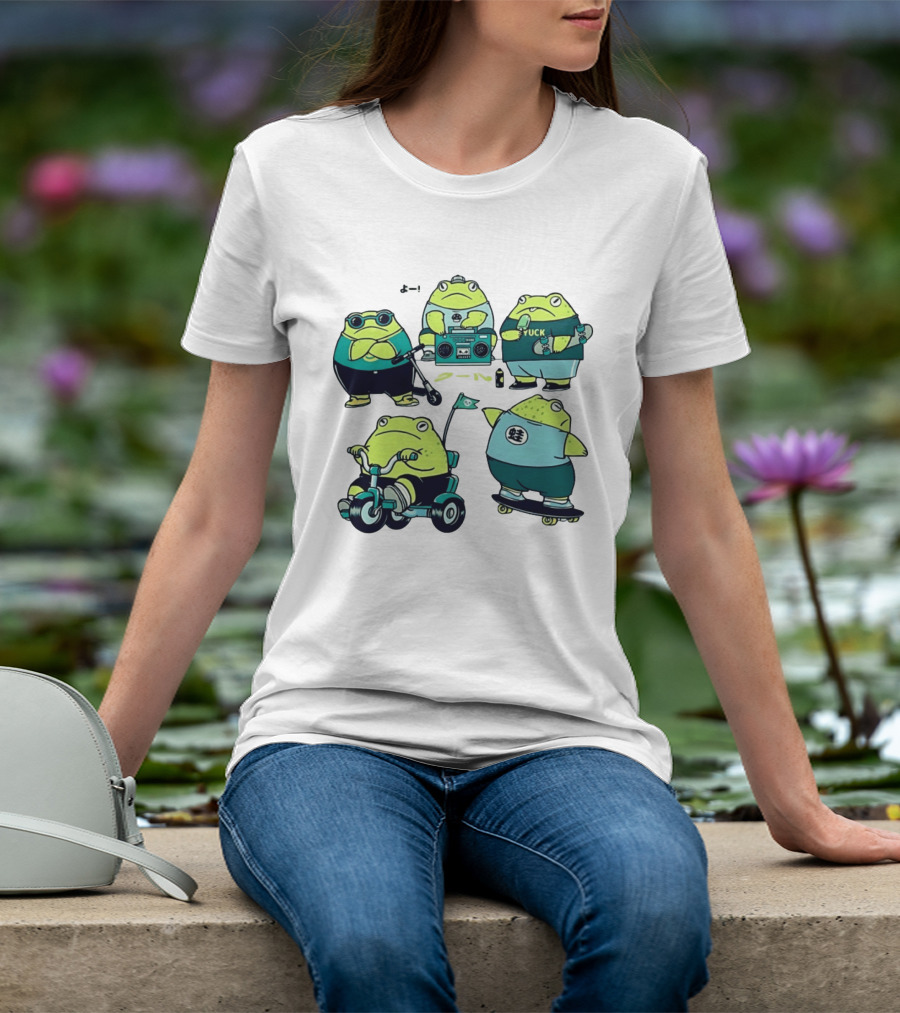 Frog Riding Scooter Tricycle Skateboard Boombox Summer Fun T-Shirt