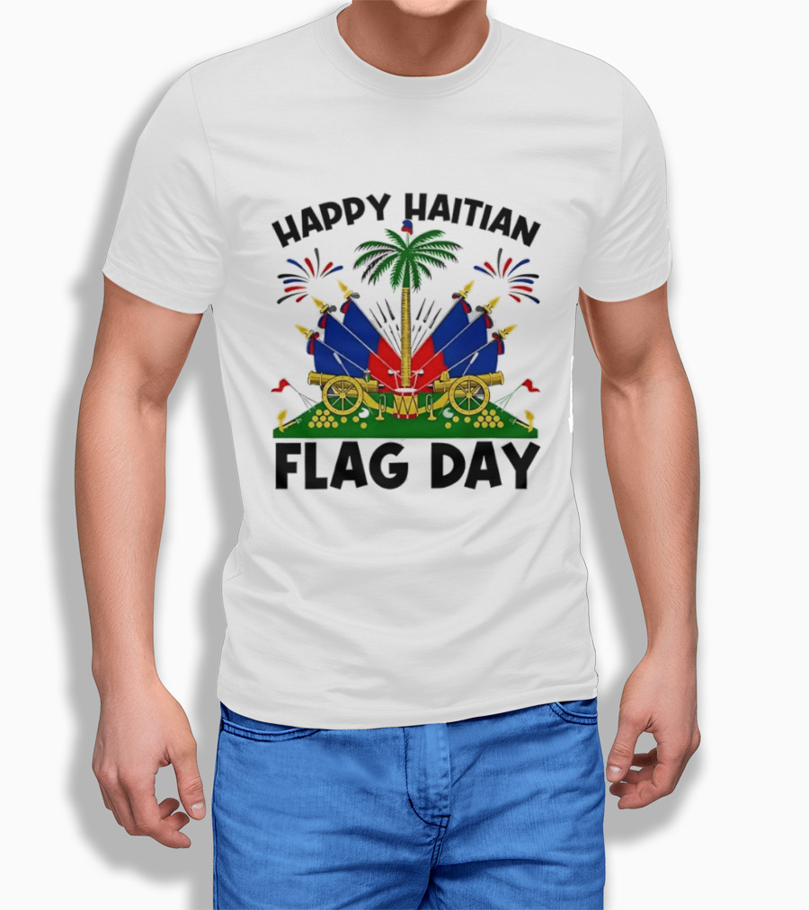 Happy Haitian Flag Day Coat Of Arms Palm Tree Cannons Fireworks Celebration T-Shirt