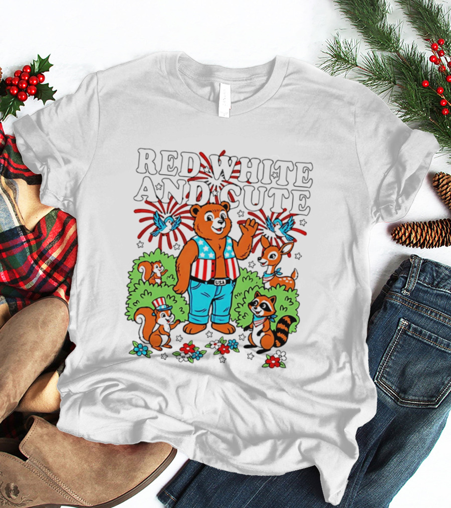 Red White And Cute Bear Raccoon Squirrel Peanuts T-Shirt