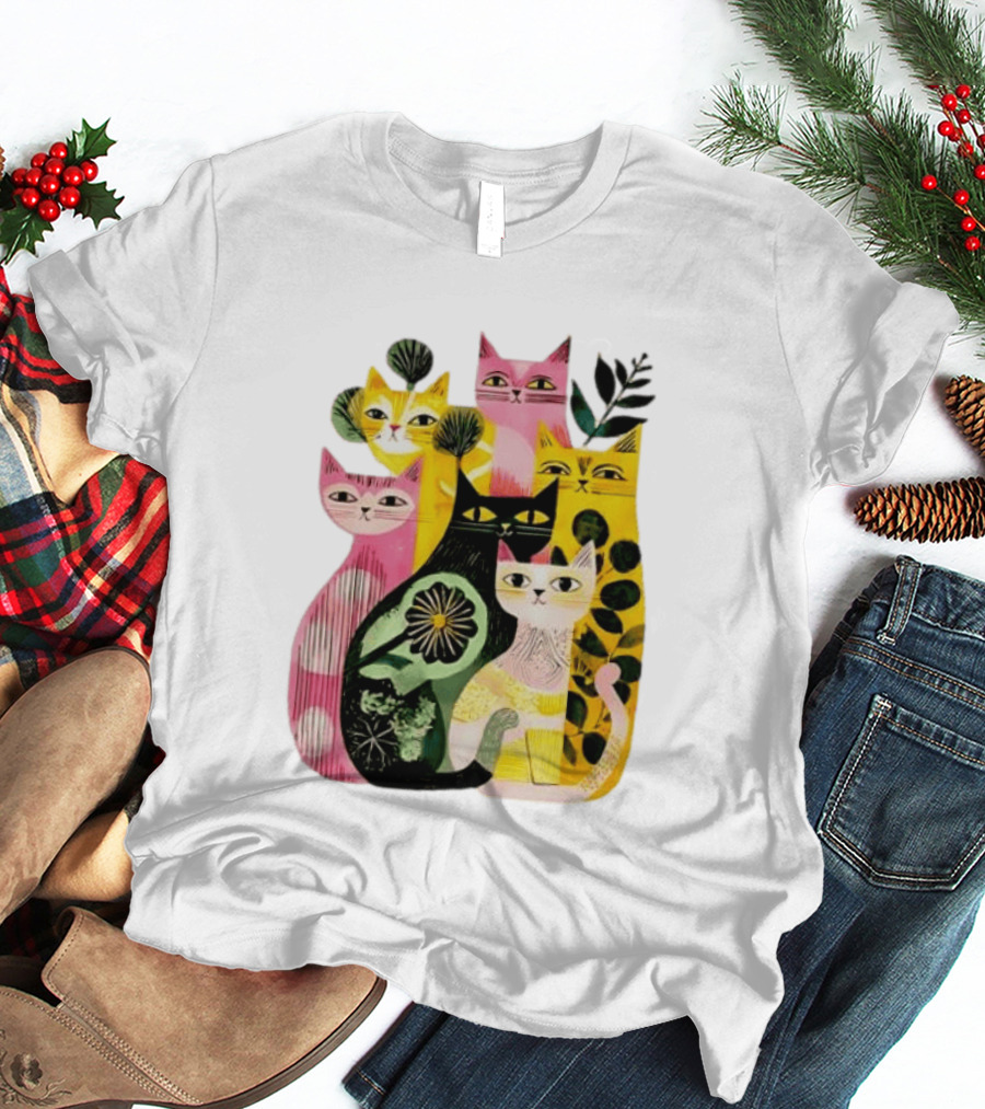 Vibrant Stylized Cats Botanical Foliage Whimsical T-Shirt