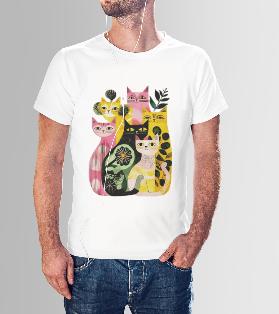 Vibrant Stylized Cats Botanical Foliage Whimsical T-Shirt