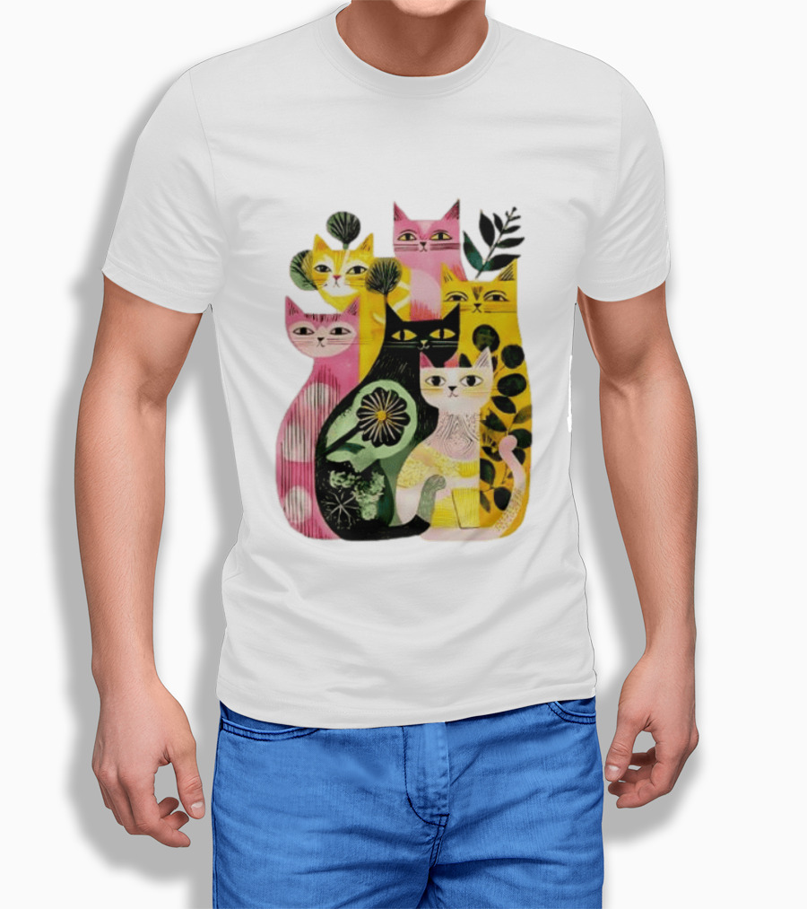 Vibrant Stylized Cats Botanical Foliage Whimsical T-Shirt