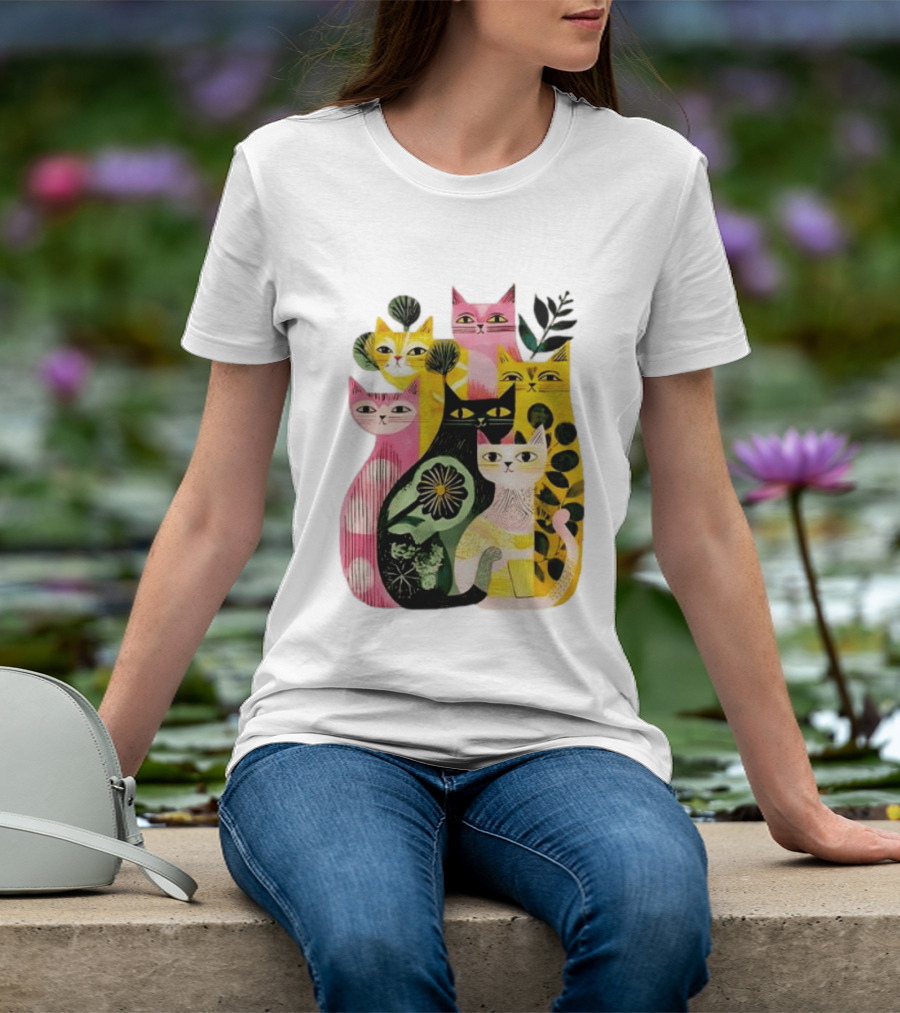 Vibrant Stylized Cats Botanical Foliage Whimsical T-Shirt