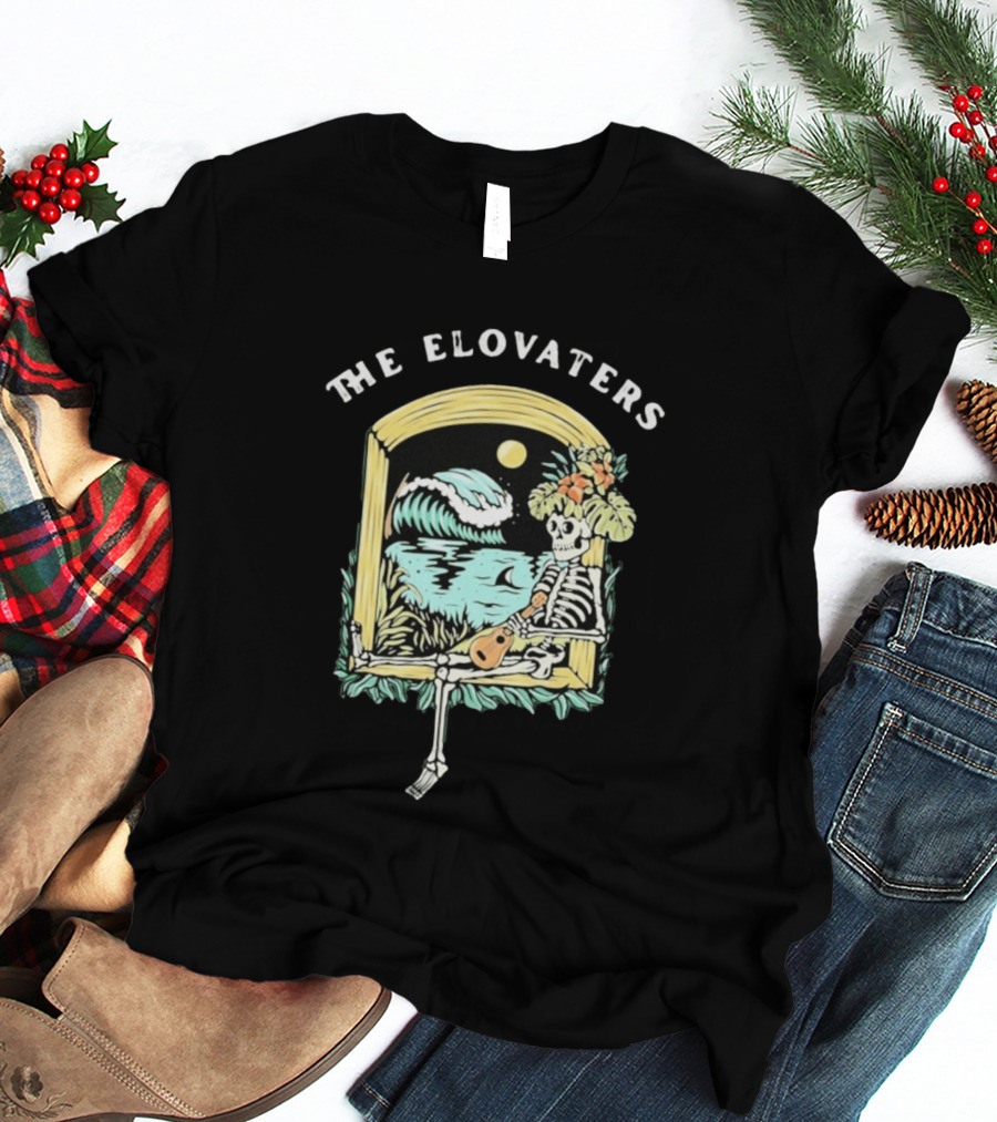 The Elovaters Endless Summer Skeleton Surfing Ukulele Moonlight Scene T-Shirt