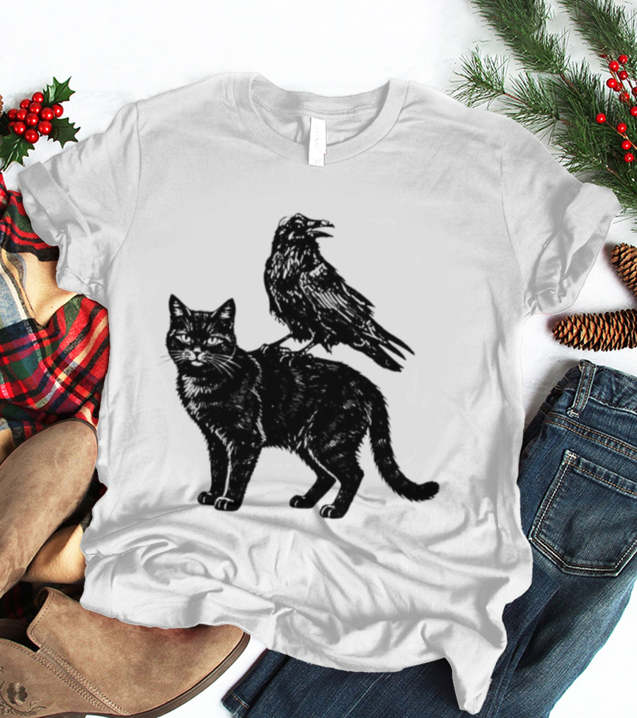 Black Cat And Raven Silhouette Duo T-Shirt