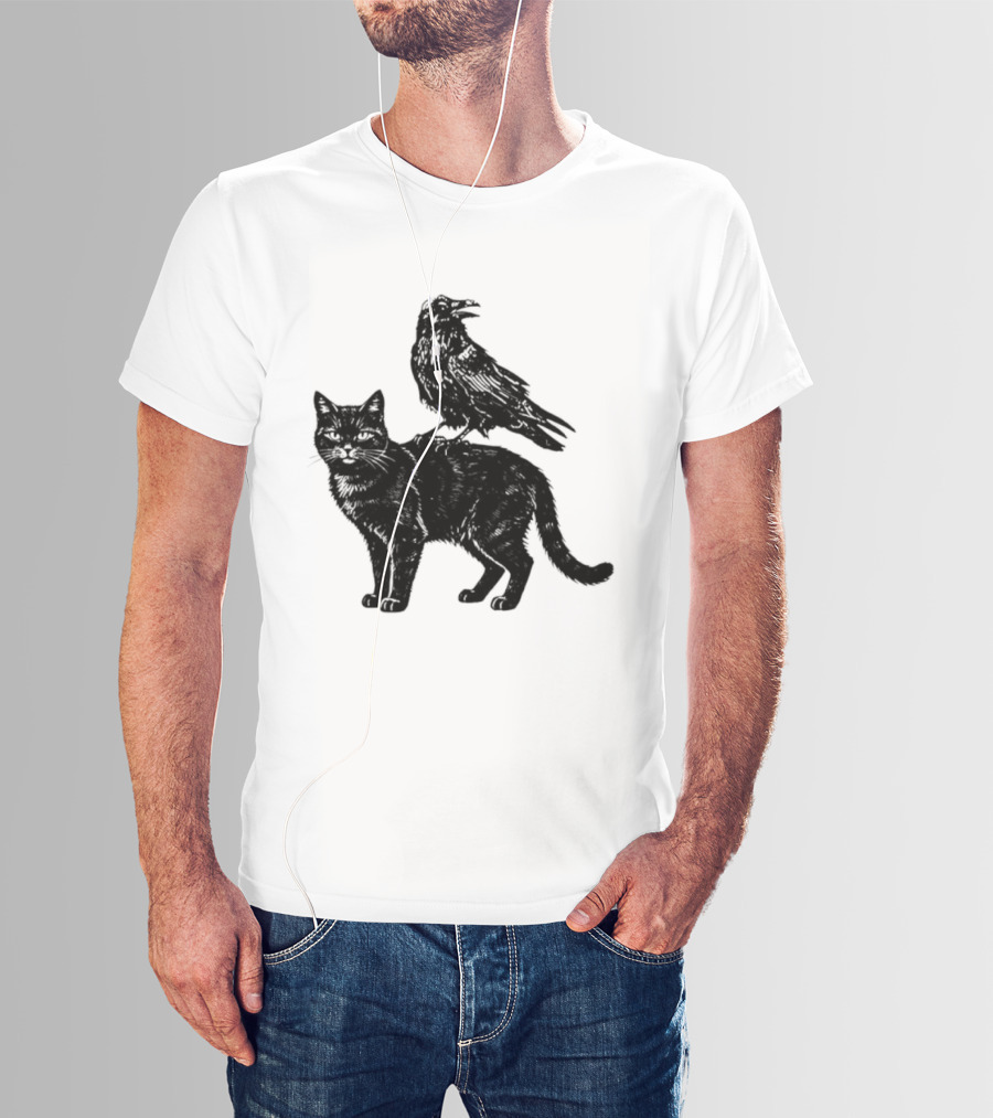 Black Cat And Raven Silhouette Duo T-Shirt