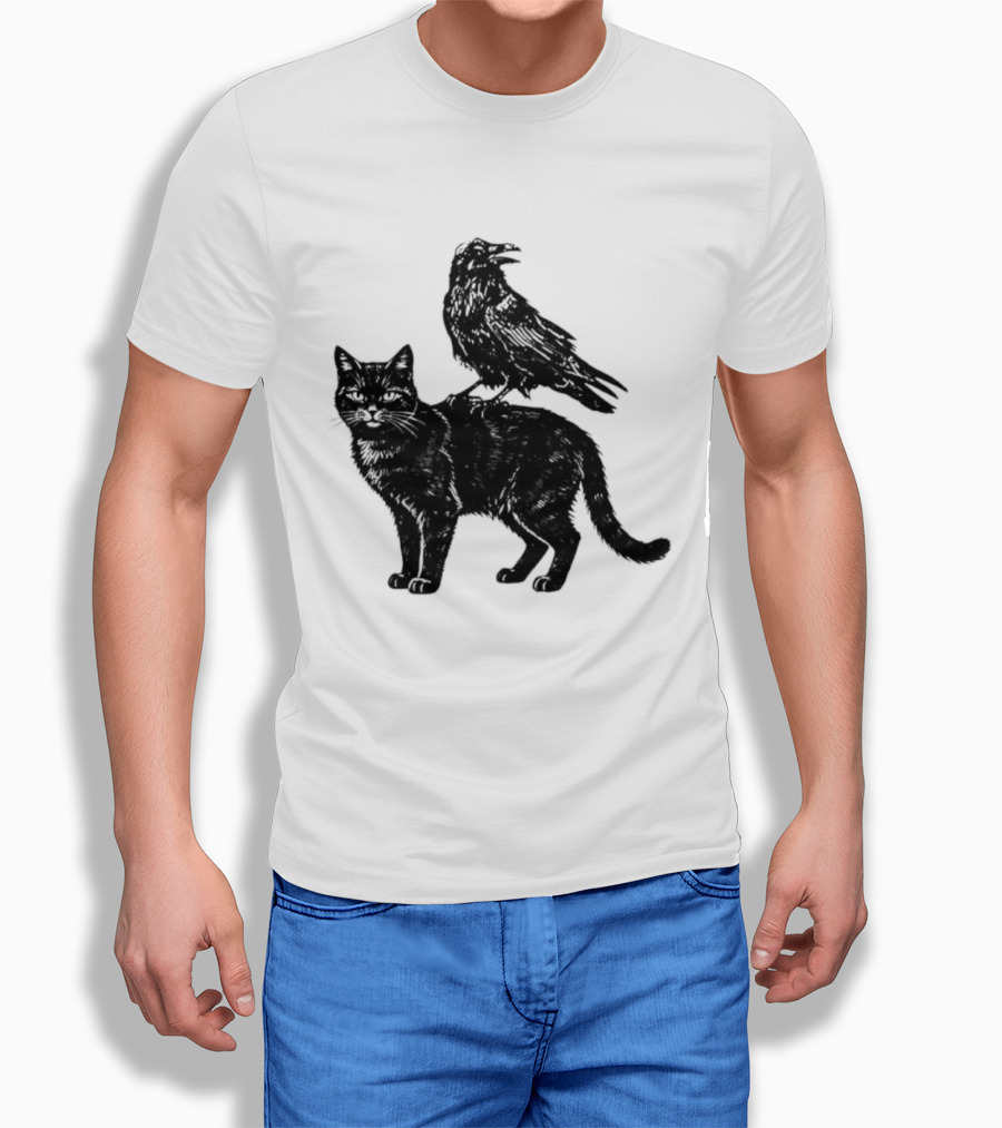 Black Cat And Raven Silhouette Duo T-Shirt
