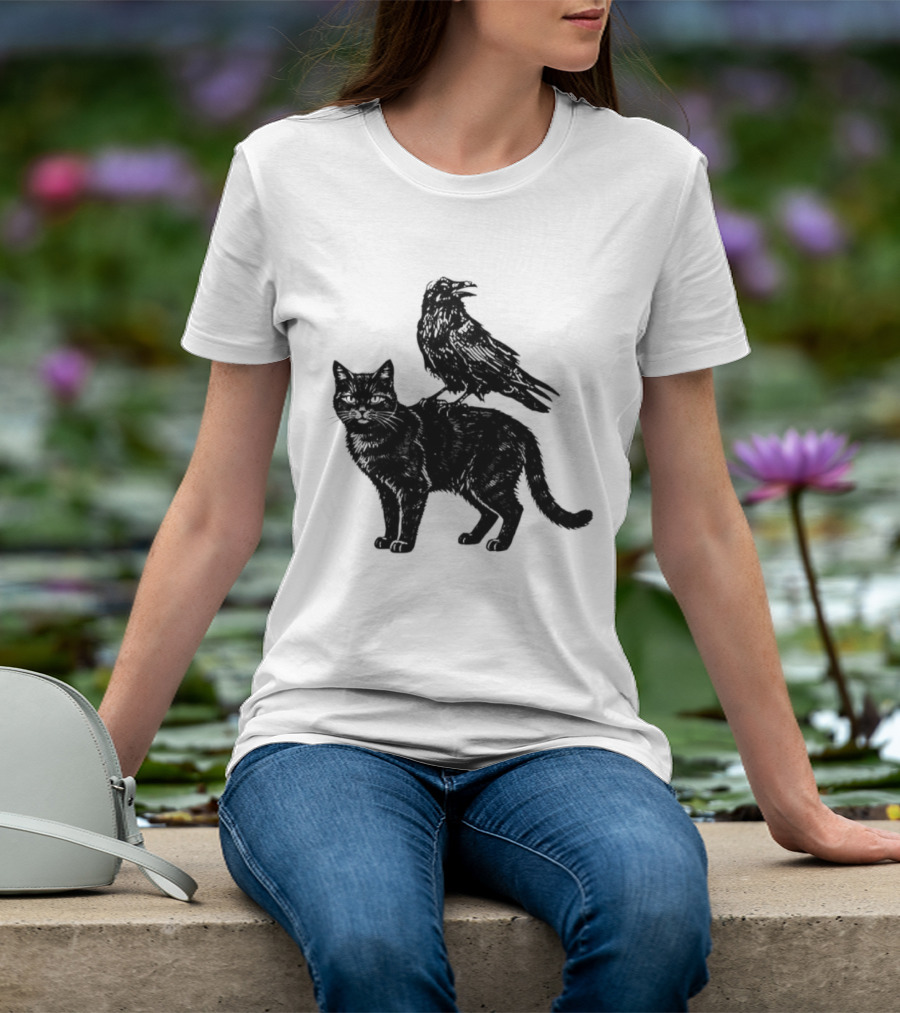 Black Cat And Raven Silhouette Duo T-Shirt