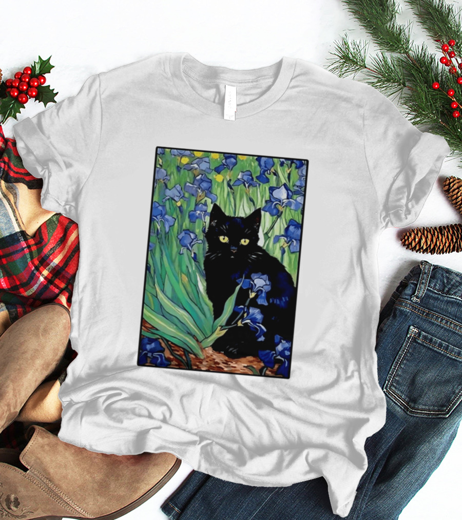 Black Cat With Van Gogh Irises Painting T-Shirt