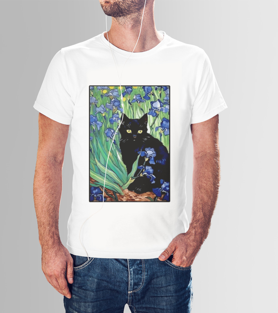Black Cat With Van Gogh Irises Painting T-Shirt