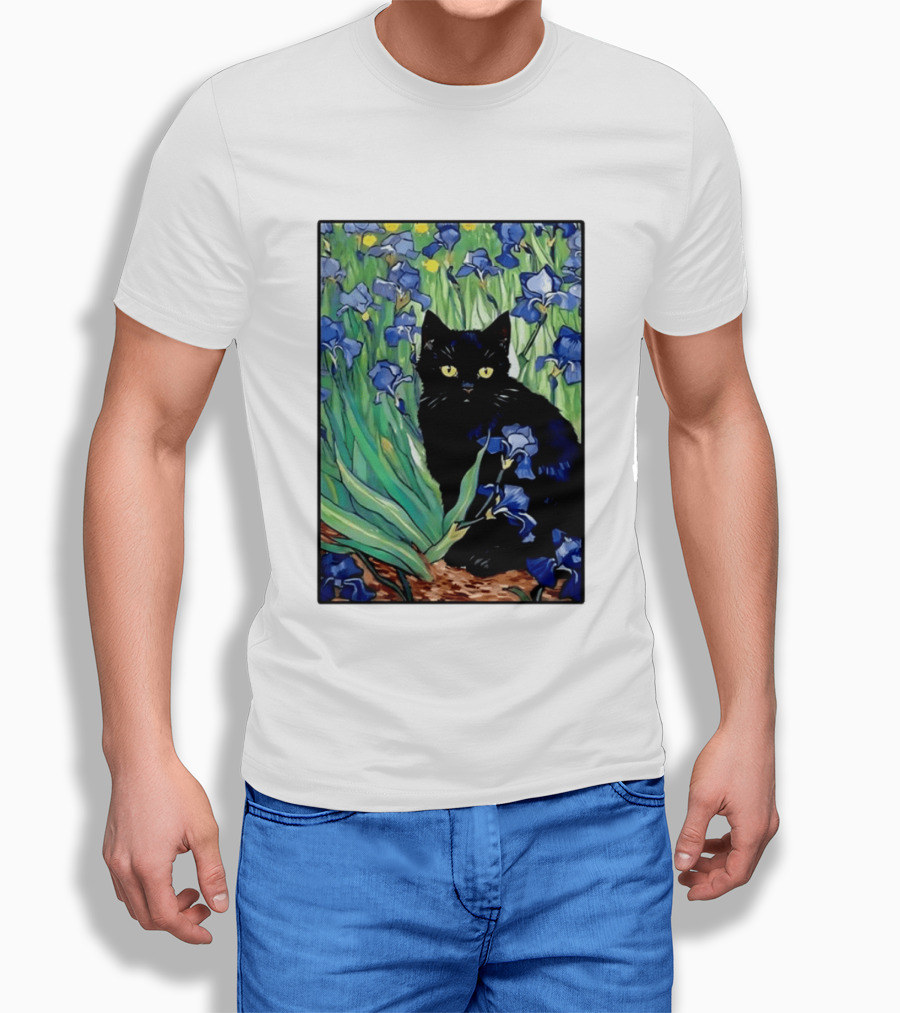 Black Cat With Van Gogh Irises Painting T-Shirt