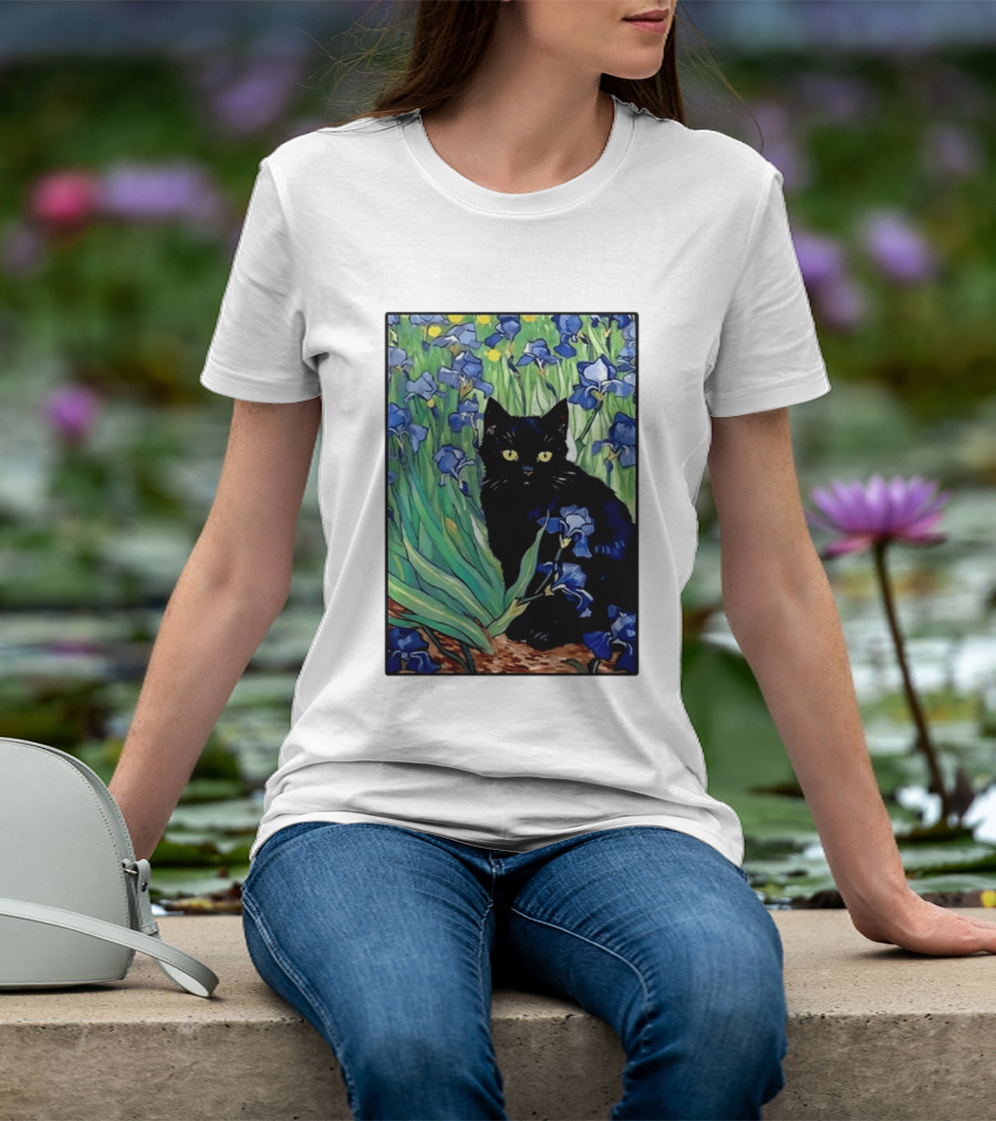 Black Cat With Van Gogh Irises Painting T-Shirt