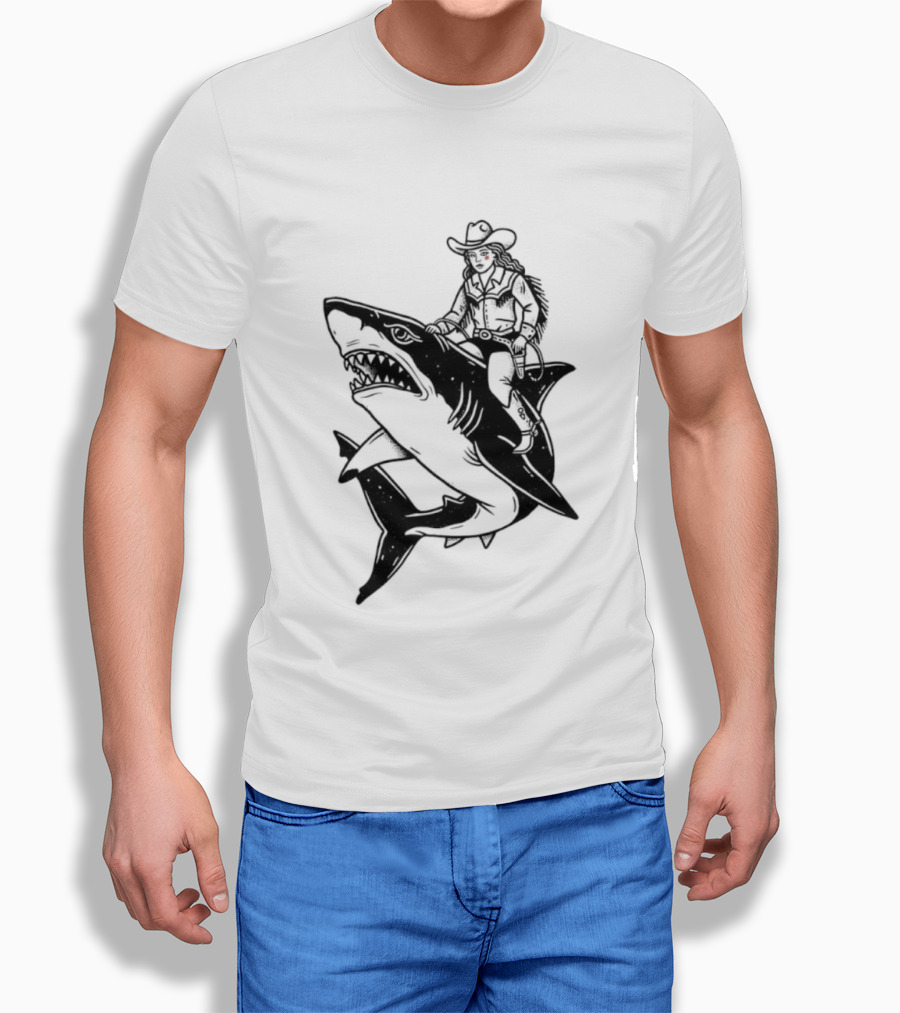 Cowgirl Riding Shark Novelty T-Shirt