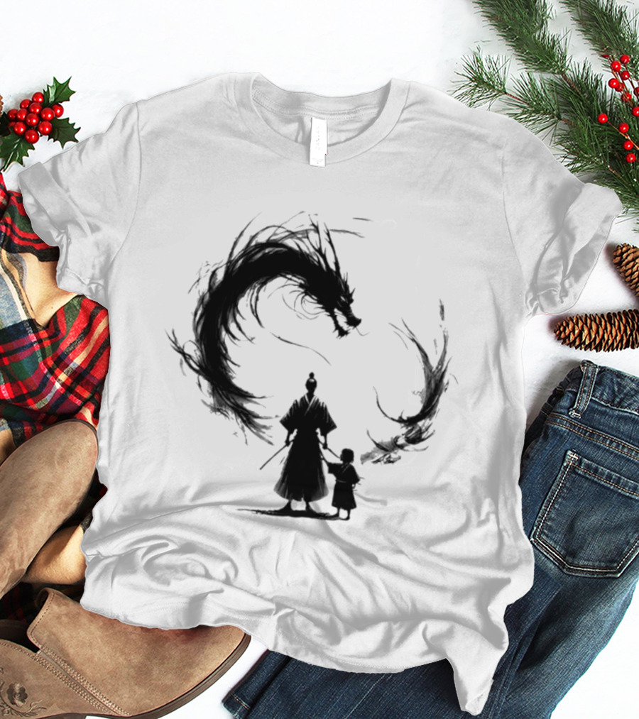 Samurai And Son With Black Dragon Circle T-Shirt